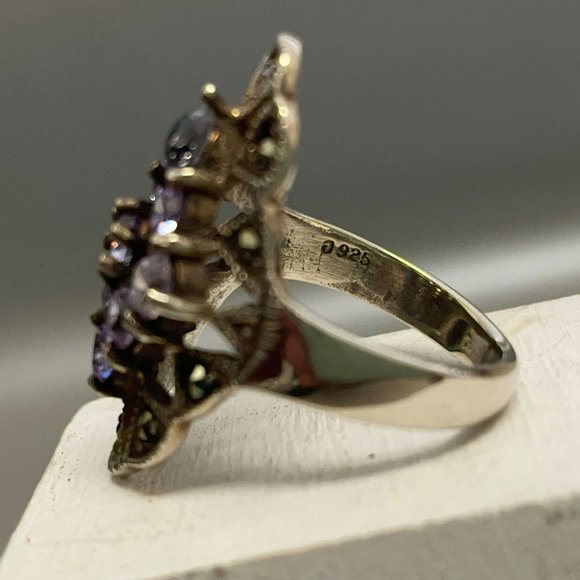 Simulated Tanzanite Marcasite Cluster Large Heavy Cocktail Ring 8 VGC - Picture 8 of 12